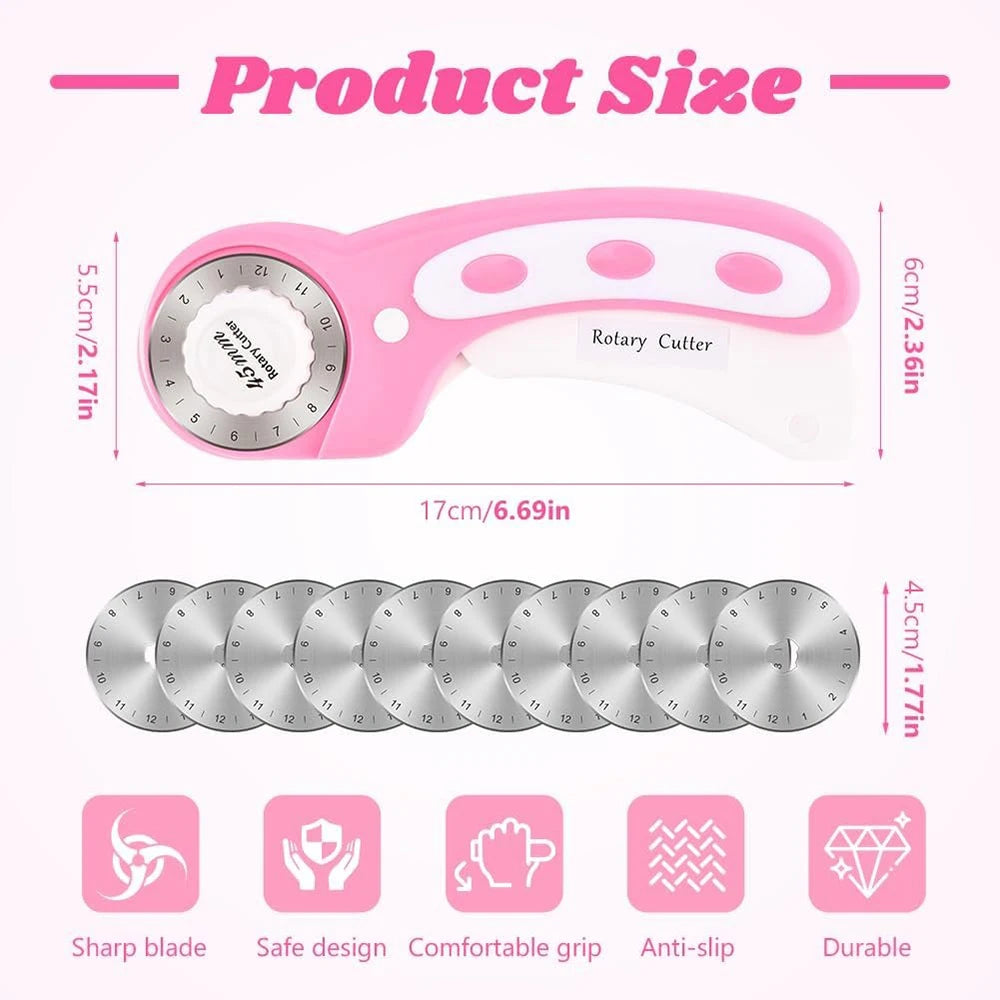 45mm Rotary Cutter with 5 Replacement Blades – Ergonomic Handle, Safety Lock, for Fabric, Leather & Paper Crafting, Quilting & Sewing