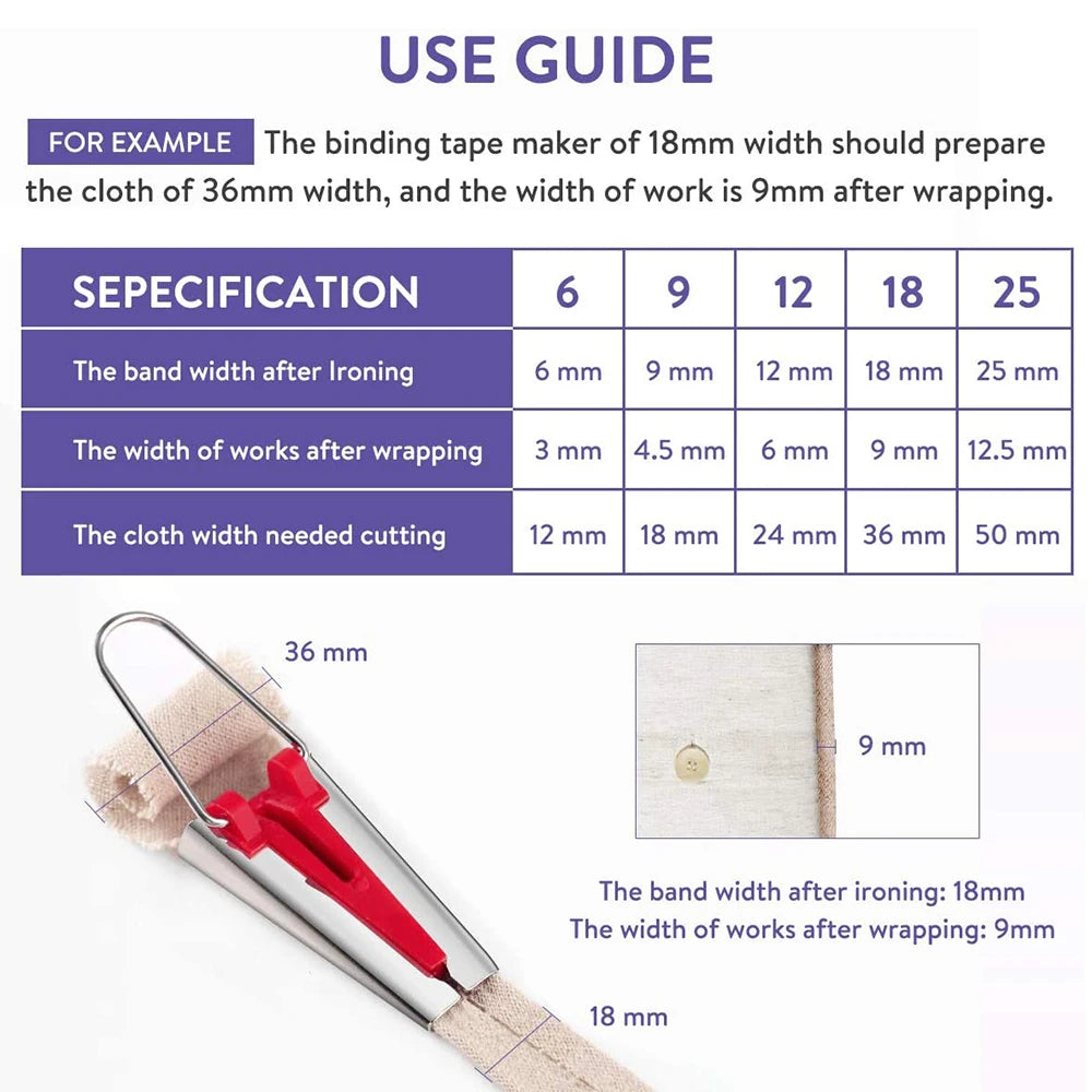 5-Size Bias Tape Maker Set – 6mm, 9mm, 12mm, 18mm, 25mm, for Sewing, Quilting & Patchwork