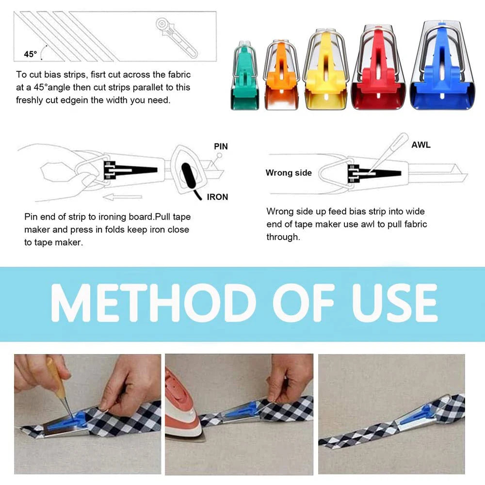 5-Size Bias Tape Maker Set – 6mm, 9mm, 12mm, 18mm, 25mm, for Sewing, Quilting & Patchwork