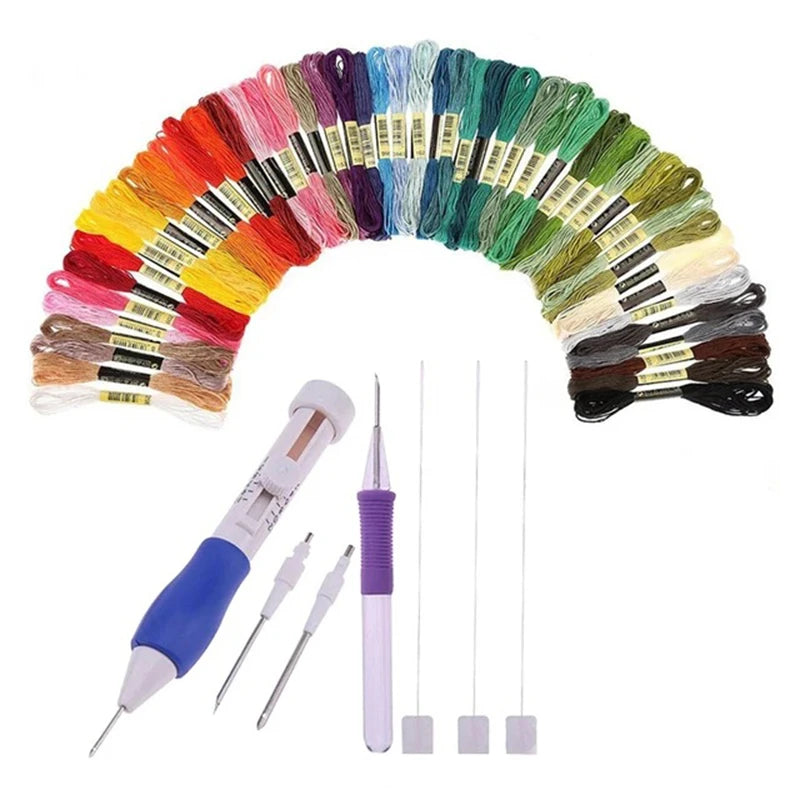DIY Punch Needle Embroidery Kit, 50 Colors Thread & 9 Blunt Needles - Adjustable Embroidery Pen with Storage Box for Clothes, Yarn & Craft Projects