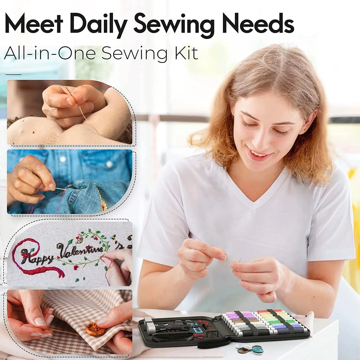 Portable Travel Sewing Kit with Storage Box - Needles, Threads, Scissors, Pins & Tape Measure for DIY Embroidery, Handwork & Home Sewing