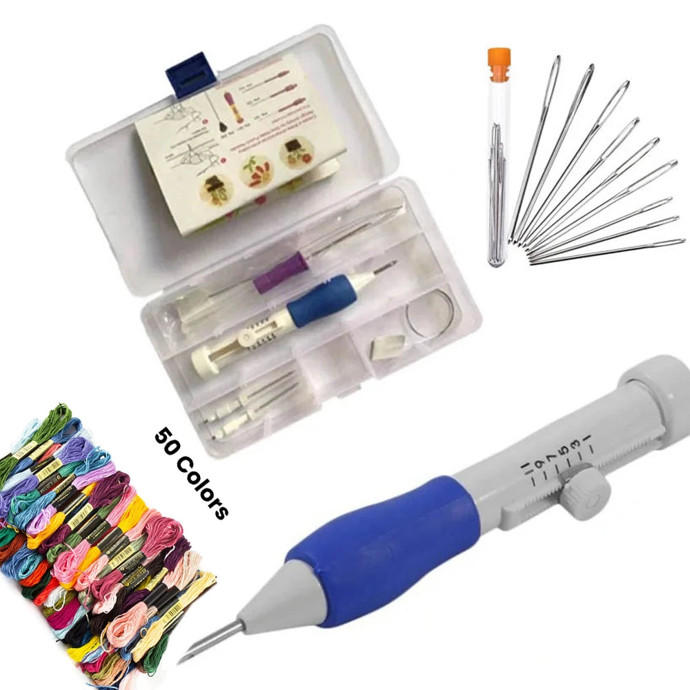 DIY Punch Needle Embroidery Kit, 50 Colors Thread & 9 Blunt Needles - Adjustable Embroidery Pen with Storage Box for Clothes, Yarn & Craft Projects