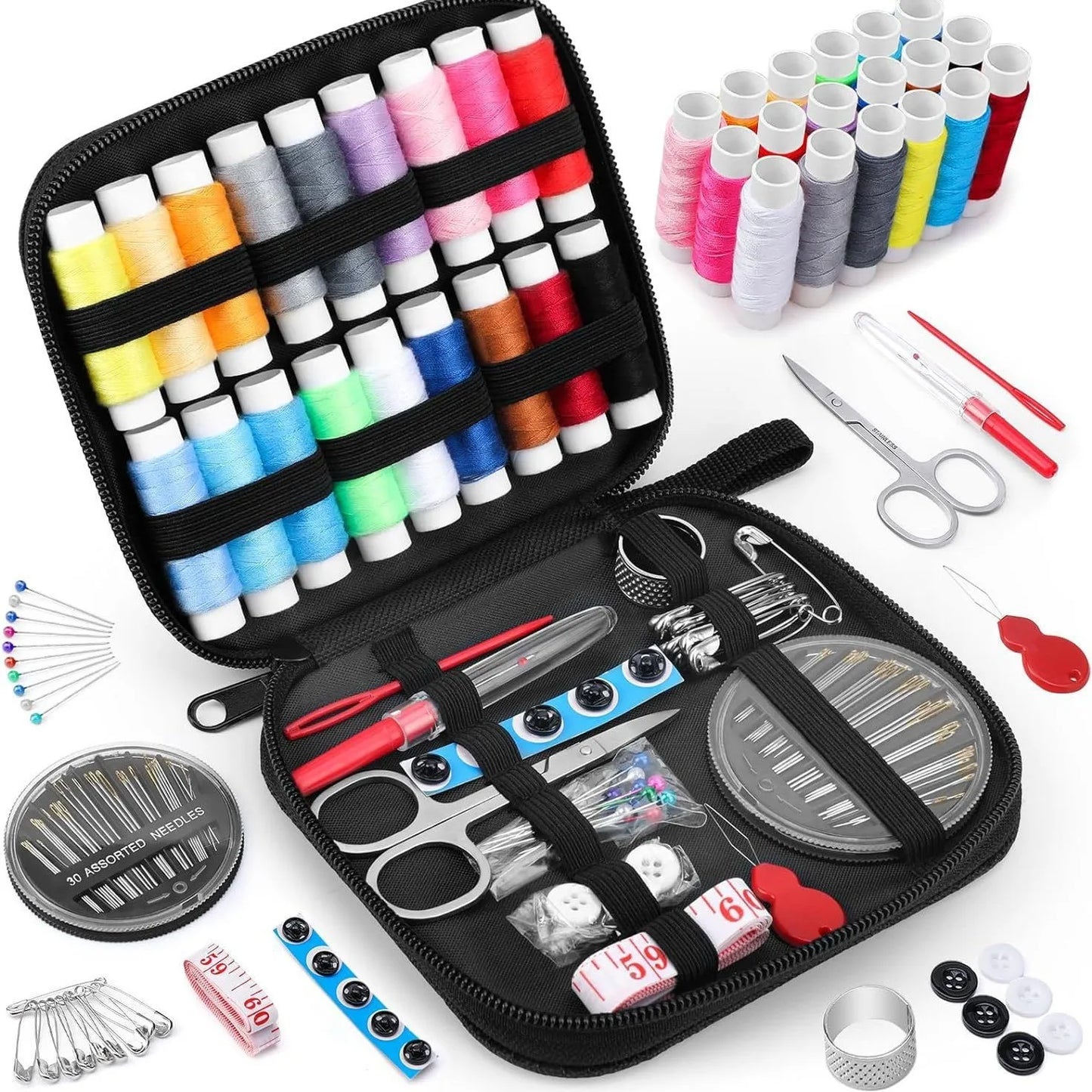 Portable Travel Sewing Kit with Storage Box - Needles, Threads, Scissors, Pins & Tape Measure for DIY Embroidery, Handwork & Home Sewing