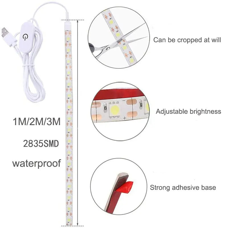 LED Sewing Machine Light Strip – USB Powered with Touch Switch, Waterproof, White Light, 1M/2M/3M Sizes