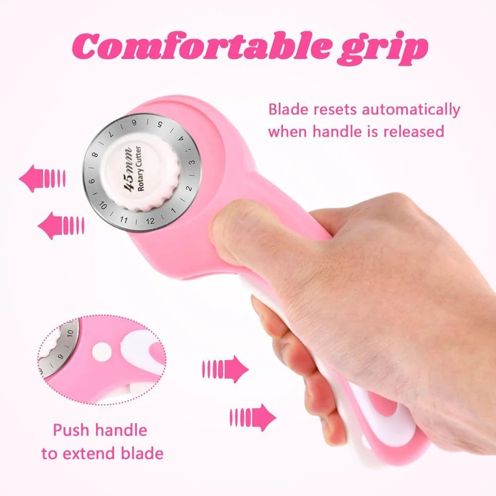 45mm Rotary Cutter with 5 Replacement Blades – Ergonomic Handle, Safety Lock, for Fabric, Leather & Paper Crafting, Quilting & Sewing