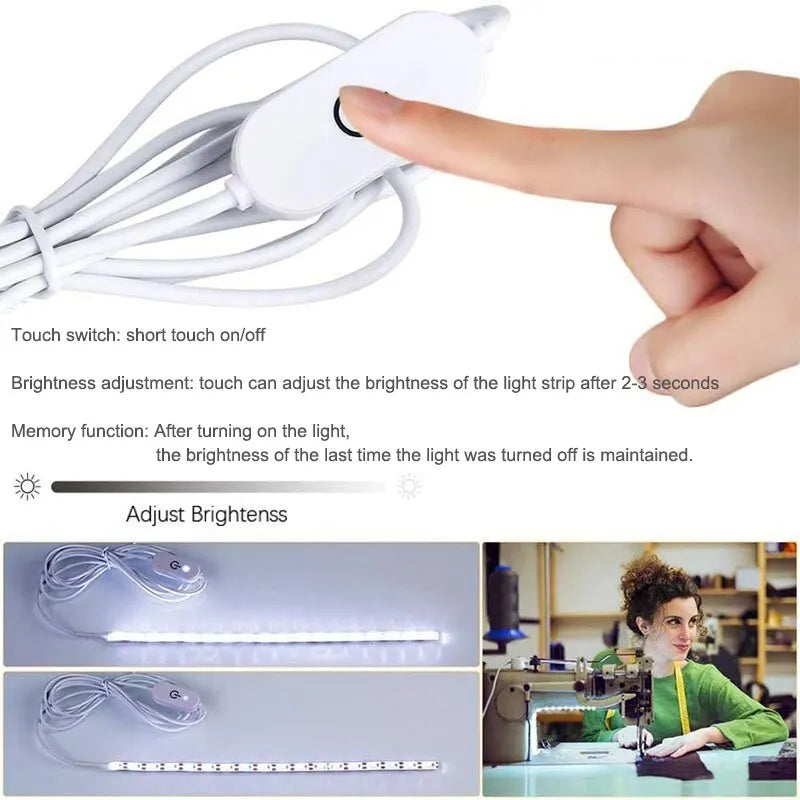 LED Sewing Machine Light Strip – USB Powered with Touch Switch, Waterproof, White Light, 1M/2M/3M Sizes