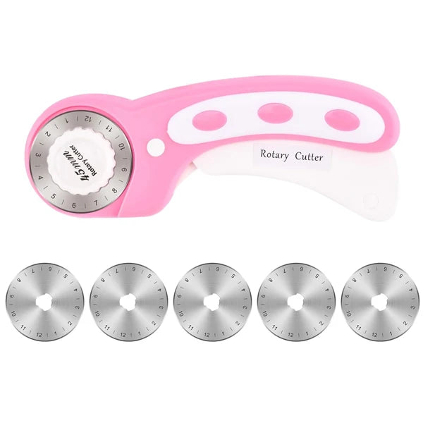 45mm Rotary Cutter with 5 Replacement Blades – Ergonomic Handle, Safety Lock, for Fabric, Leather & Paper Crafting, Quilting & Sewing