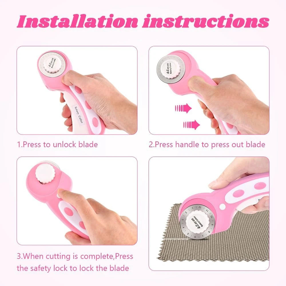 45mm Rotary Cutter with 5 Replacement Blades – Ergonomic Handle, Safety Lock, for Fabric, Leather & Paper Crafting, Quilting & Sewing