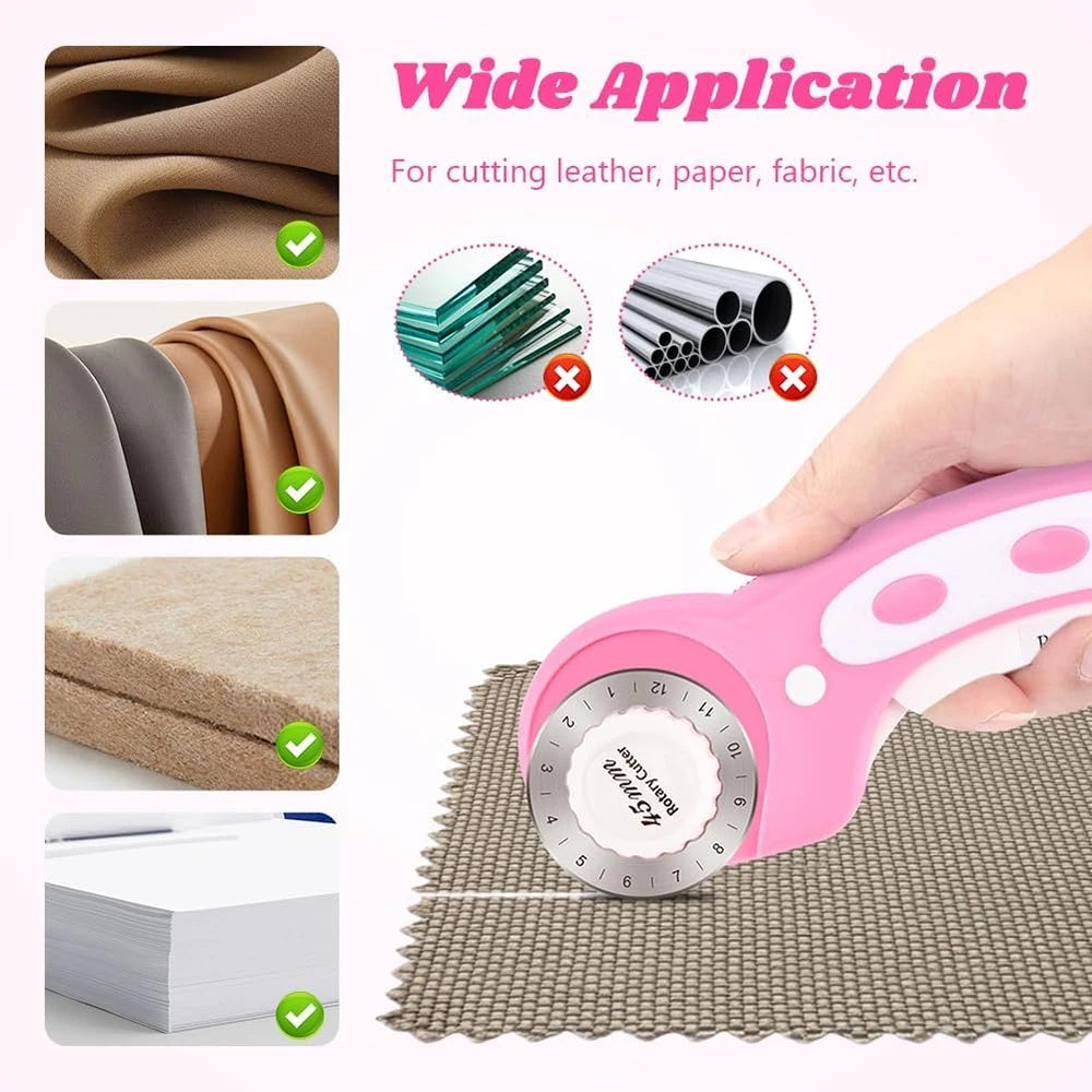 45mm Rotary Cutter with 5 Replacement Blades – Ergonomic Handle, Safety Lock, for Fabric, Leather & Paper Crafting, Quilting & Sewing