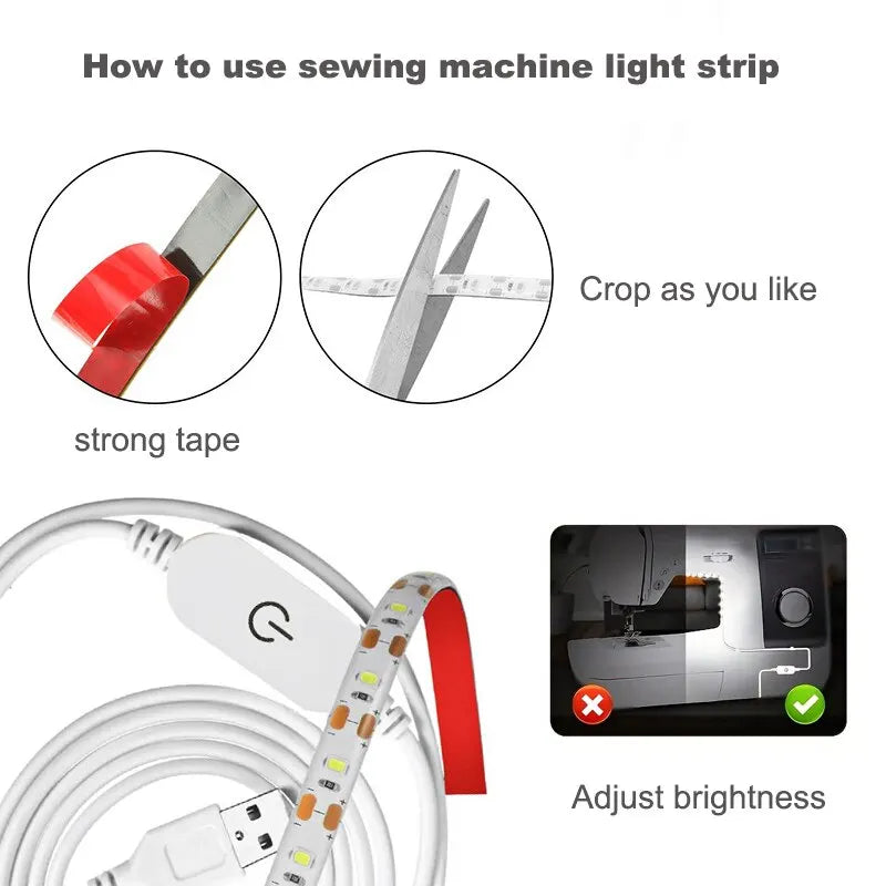 LED Sewing Machine Light Strip – USB Powered with Touch Switch, Waterproof, White Light, 1M/2M/3M Sizes